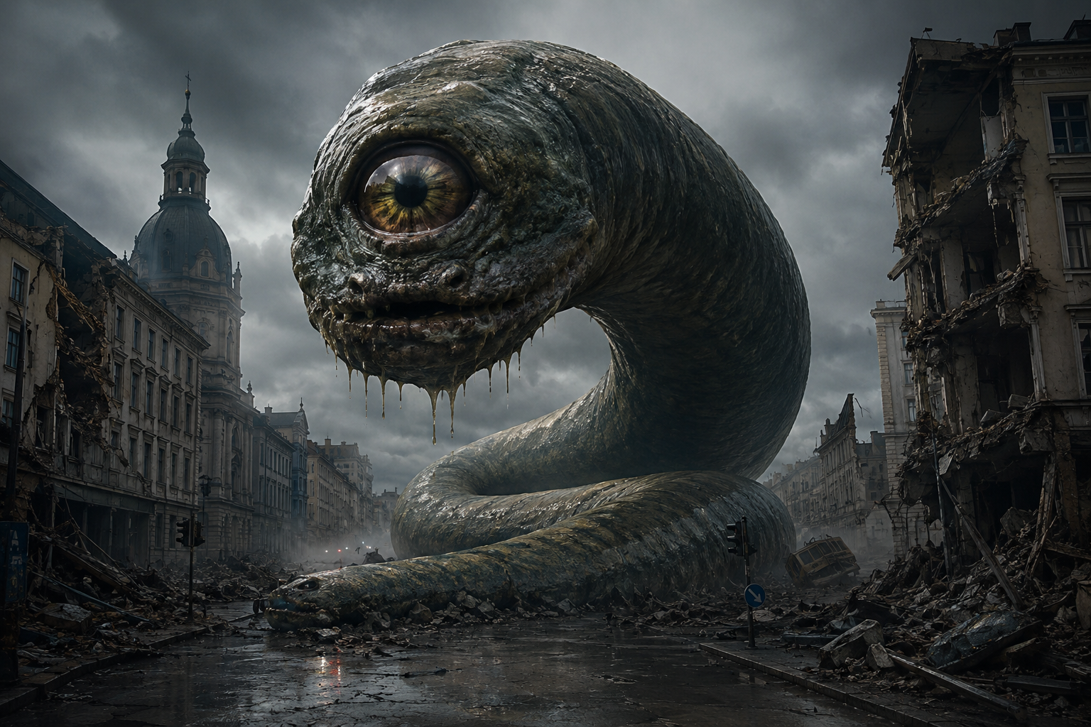 Ein riesiger einäugiger Lurch in Schlangenform zieht durch eine zerstörte Stadtstraße